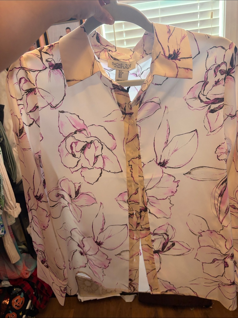 Rachel Zoe Cream Blouse with Pink Floral Sketch Print